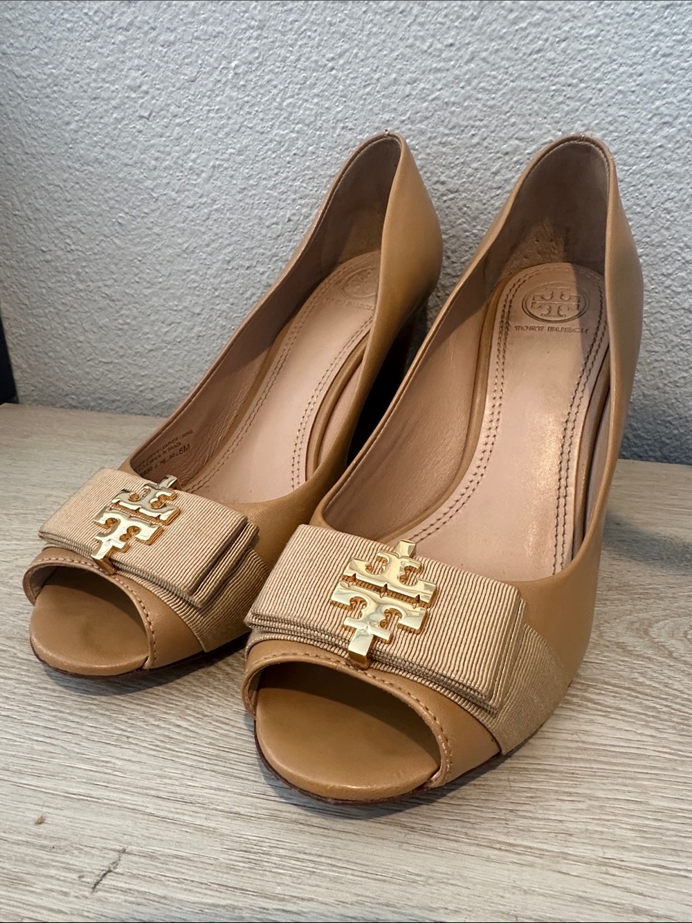 Tory Burch Trudy Beige / Tan Peep-Toe Logo Wedges with Grosgrain Bow